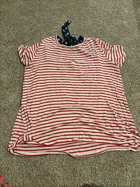 HEIMISH USA Women’s Red & White Striped Women’s Tee w Blue & White Star Accents